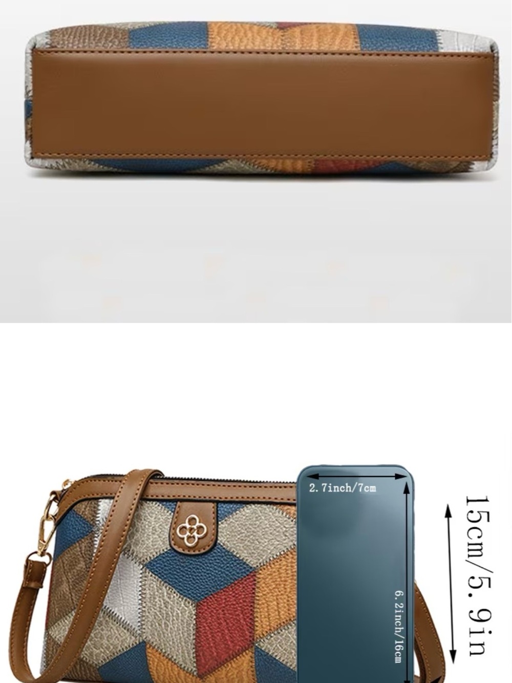 Patterned Geometric Crossbody Bag with Brown Trim - Picture 5 of 5